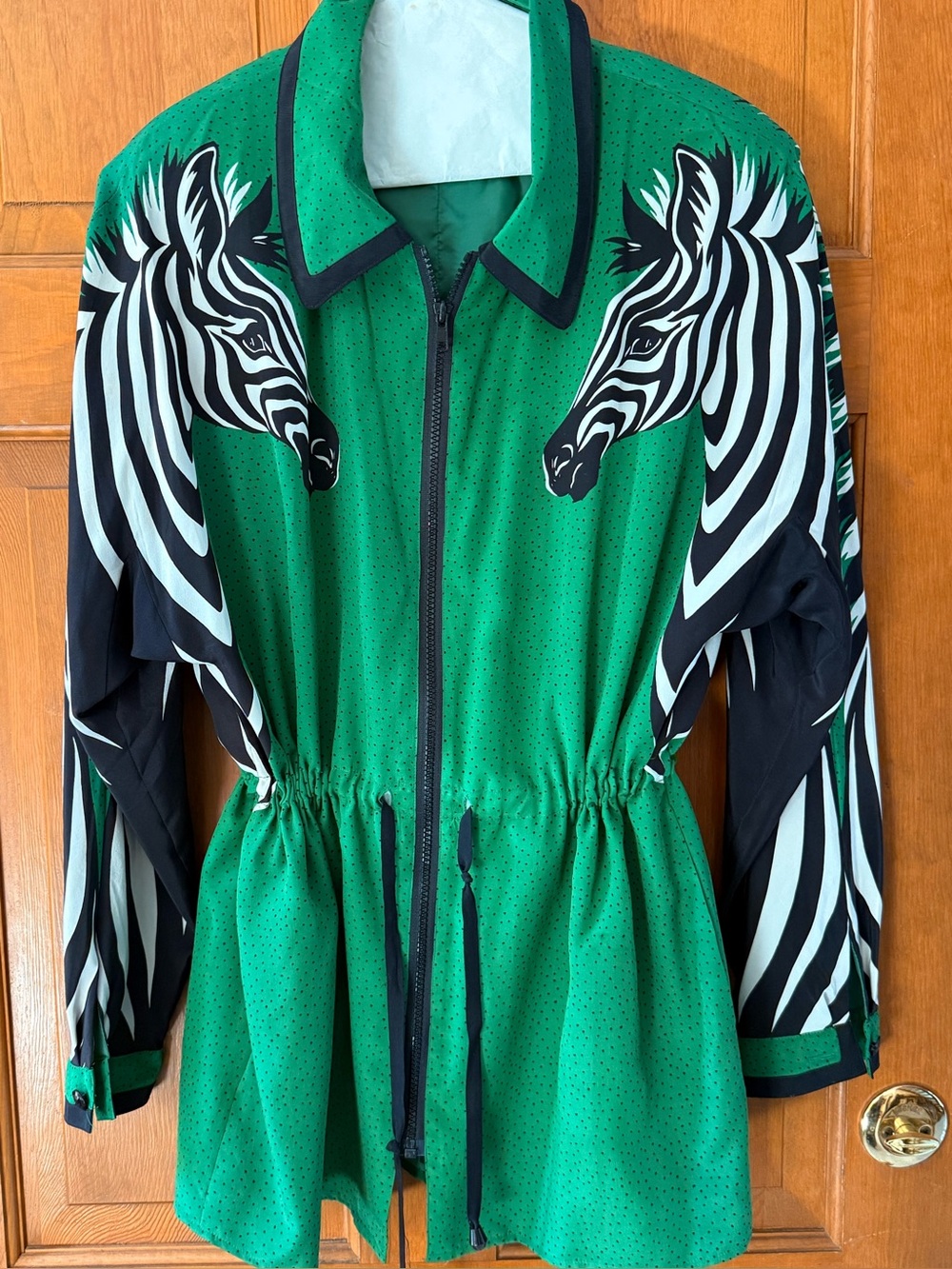 Green Zebra-Print Drawstring Utility Jacket Silk